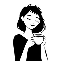 Cute girl smiling enjoy her coffee. Hand drawn style vector illustrations.