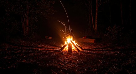Glowing Campfire with Orange Flames Burning in Dark Forest at Night