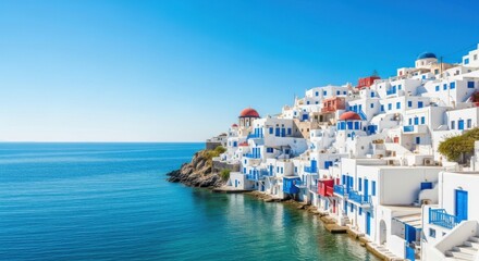 Naklejka premium Scenic Greek Coastal Village with White Buildings and Blue Accents on Cliffside Overlooking Ocean