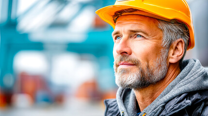 Hafenlogistik mit Mitarbeiter vor Containern und Kränen. Szenen zu globalem Handel, Fracht, Import und Export. Symbol für internationale Lieferketten, Transport, Industrie und weltweite Supply Chain.