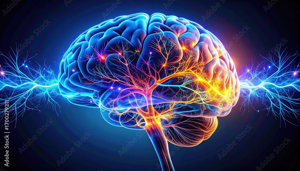 Poster a vibrant, stylized representation of a brain, showcasing neural connections with electric energy, e