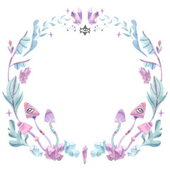 Watercolor magical floral wreath with leaves, eye symbol, crystals, mushrooms. Witchcraft design element isolated on white.