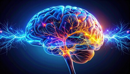 A vibrant, stylized representation of a brain, showcasing neural connections with electric energy, emphasizing cognitive functions and brain activity.
