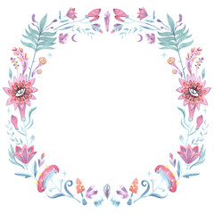 Magical floral wreath of flowers with eye, leaves, crystals, mushrooms. Witchcraft watercolor design element isolated on white.