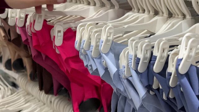 Stylish Collection of Adjustable Sports Bras Displayed on Hangers for Easy Viewing. Visually appealing and attractive display of sports bras in variety of delightful colors, ready for eager shoppers.