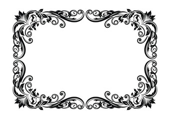 Ornate Floral Frame Border, Decorative Flourishes, Black and White Vector Illustration