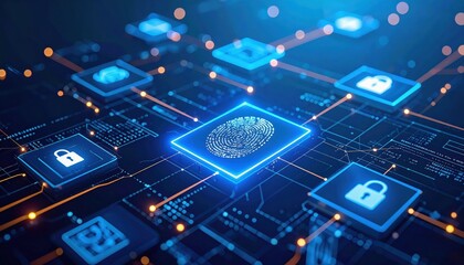 A digital representation of a fingerprint surrounded by security icons, symbolizing cybersecurity and data protection in a networked environment.