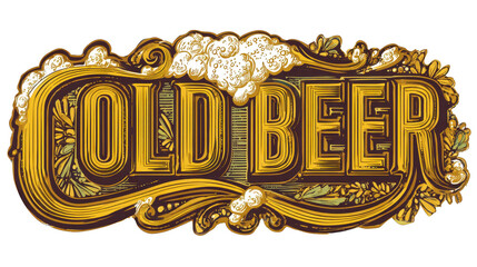 Ornate Vintage Retro Cold Beer Typography Sign Illustration Label Design
