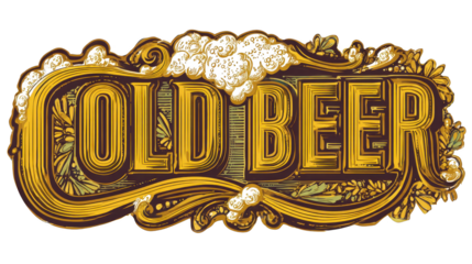Ornate Vintage Retro Cold Beer Typography Sign Illustration Label Design