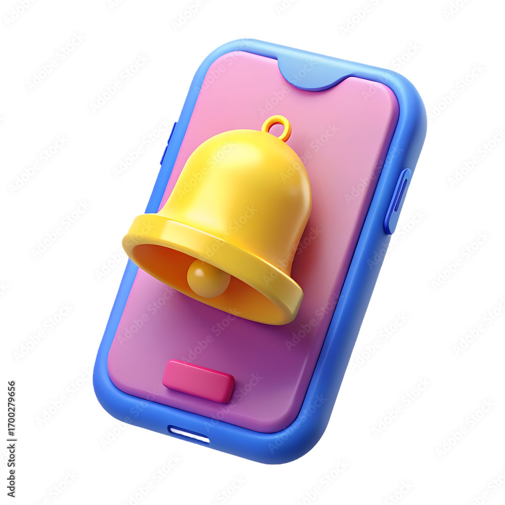 Poster 3d rendered yellow notification bell icon attached to a modern smartphone displaying alerts transpar