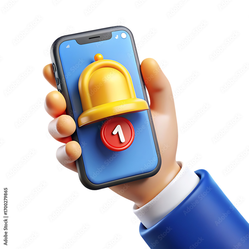 Poster Smartphone displaying a notification bell icon with a red badge showing the number one in a 3d render held by a human hand. transparent background