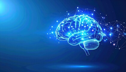 A glowing, digital brain symbolizing innovation and technology, connected by a network of lines and dots against a blue background.