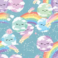 Obraz premium Kawaii planets with smiling faces and shooting stars in a space pattern design, seamless pattern, royalty free stock.