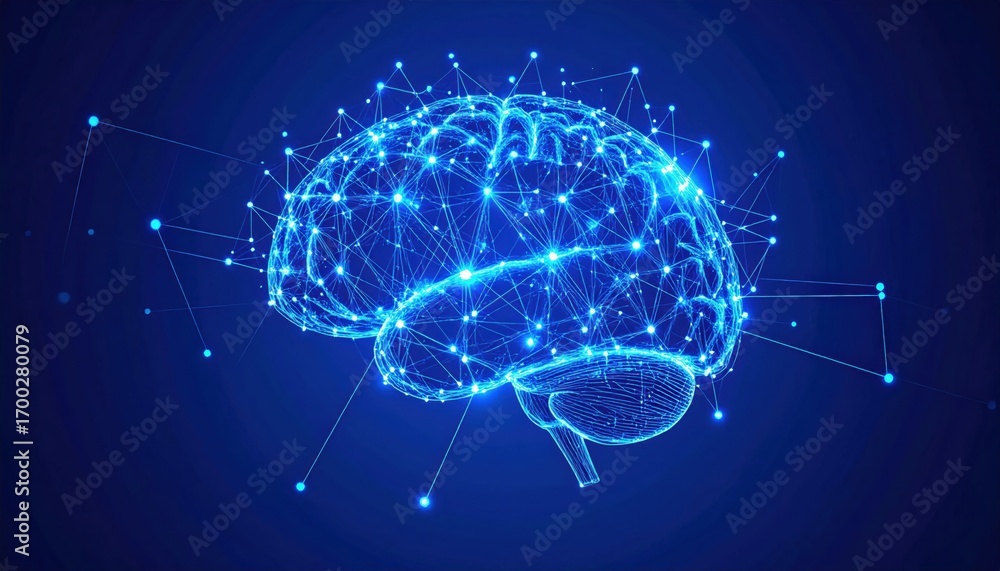 Poster a digital representation of a brain, enhanced with blue light and interconnected lines, symbolizing 