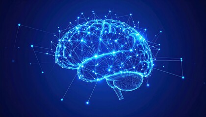 A digital representation of a brain, enhanced with blue light and interconnected lines, symbolizing neural networks and advanced technology.