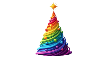 Colorful Christmas tree with star on top on transparent background