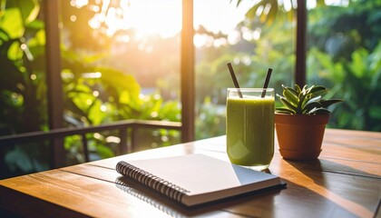 A refreshing green smoothie beside a notebook and a plant, illuminated by warm sunlight streaming through large windows.
