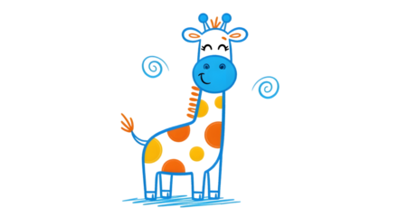 Cute cartoon giraffe illustration with colorful spots on transparent background