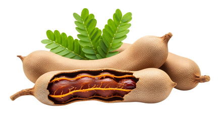 Tamarind fruit with leaves open pod and seeds on transparent background