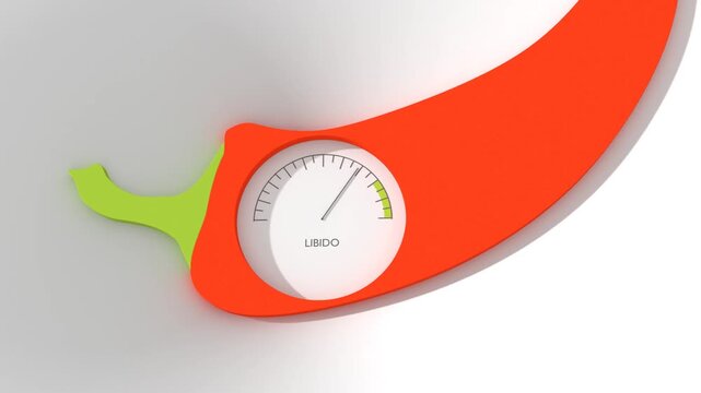 Meter scale with arrow inside red pepper. The libido level measuring device icon. Fertility and sexual desire concept.
