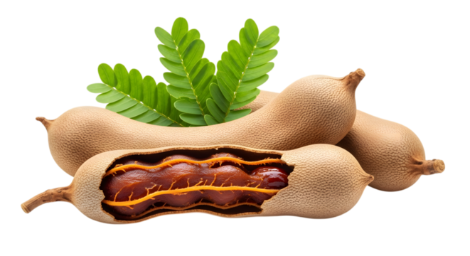 Tamarind fruit with leaves open pod and seeds on transparent background