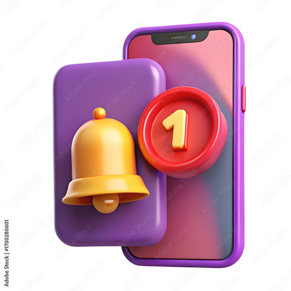 Poster smartphone notification bell icon with a single alert on a sleek purple device symbolizing communica