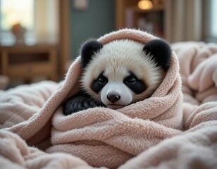 Adorable baby panda bundled in a soft blanket, looking cozy and content indoors.
