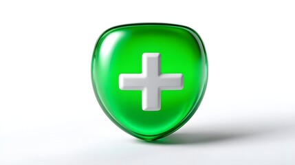 Fototapeta premium A transparent green glass shield with a prominent white cross symbol, representing medical and healthcare services, first aid, and phar eutical products.