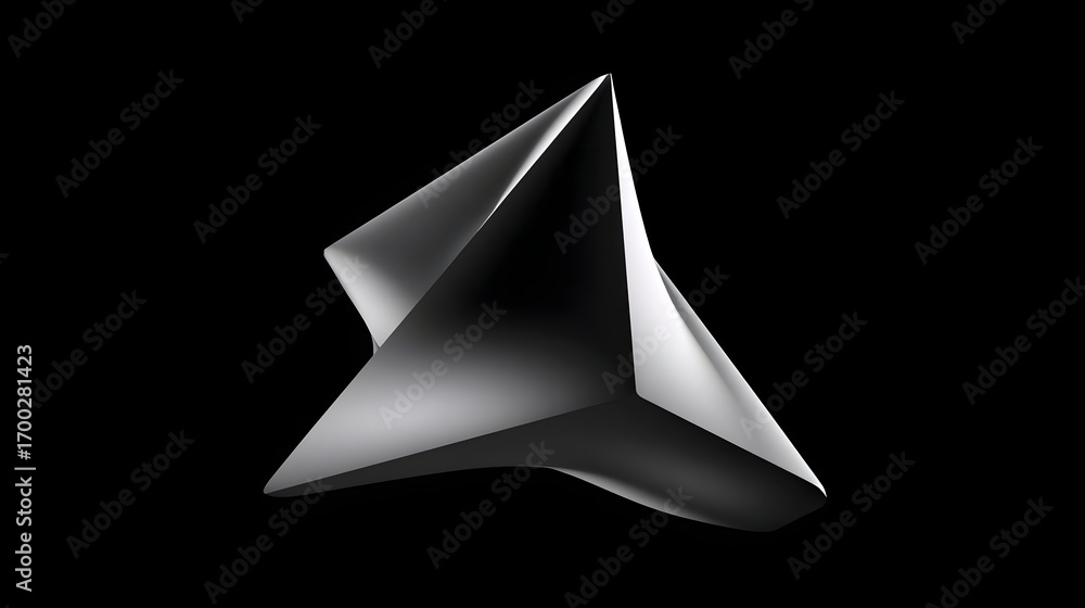Poster minimalist black and white composition featuring a three-dimensional, angular pyramid shape with dra