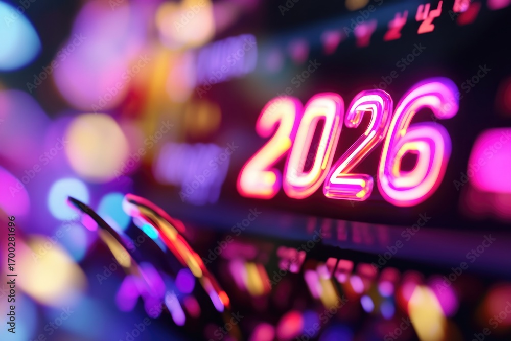 Poster futuristic neon display with 2026 in vibrant colors and digital elements