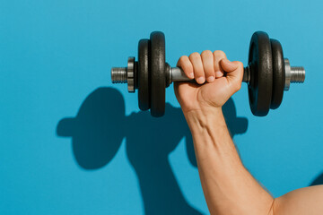 Hand Holding Dumbbell on Blue Background &ndash; Fitness and Gym Stock Photo