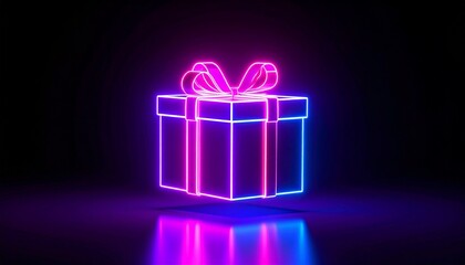 Neon gift box with glowing ribbon floating on dark reflective surface—vibrant pink, blue, and red lines evoke celebration, surprise, and symbolic joy in modern digital aesthetic.