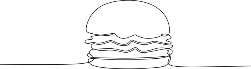Burger one continuous line art, Vector illustration, One line art, Line art graphic style.
