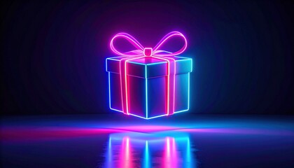 Neon gift box with glowing ribbon floating on dark reflective surface—vibrant pink, blue, and red lines evoke celebration, surprise, and symbolic joy in modern digital aesthetic.