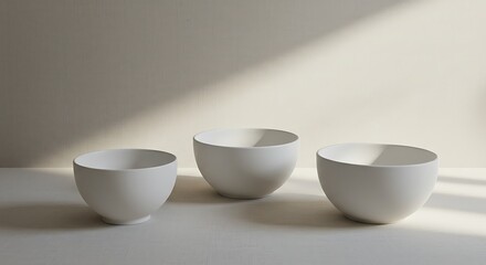 Three minimalist white ceramic bowls arranged on a textured surface with soft lighting