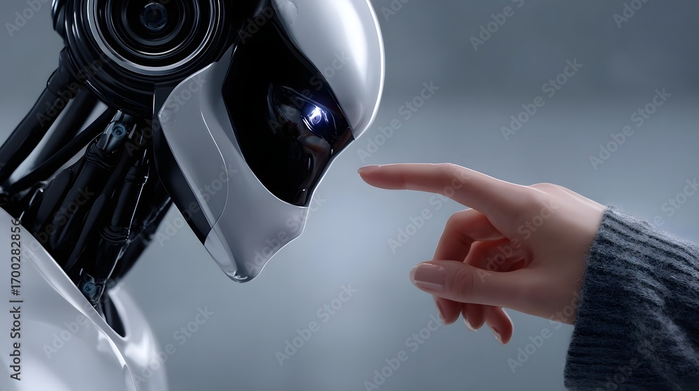 Aufkleber a futuristic, humanoid robot extending its mechanical hand to make contact with a human hand in a sy