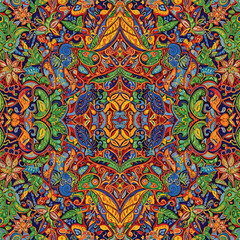 Intricate kaleidoscopic pattern featuring vibrant floral and paisley elements, patern seamless, Stock royalty image.