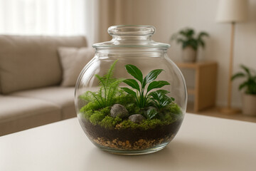 succulent in a glass vase on the table. Florarium with green succulents.Close-up of a succulent arrangement in a glass vase (terrarium).