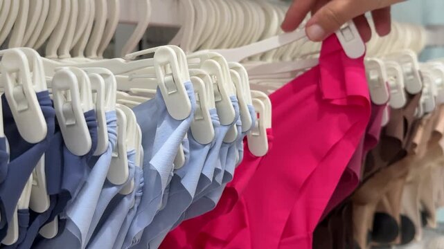 Stylish Collection of Adjustable Sports Bras Displayed on Hangers for Easy Viewing. Visually appealing and attractive display of sports bras in variety of delightful colors, ready for eager shoppers.