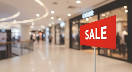 Fototapeta premium Shopping mall blurred background with sharp “SALE” sign in focus.