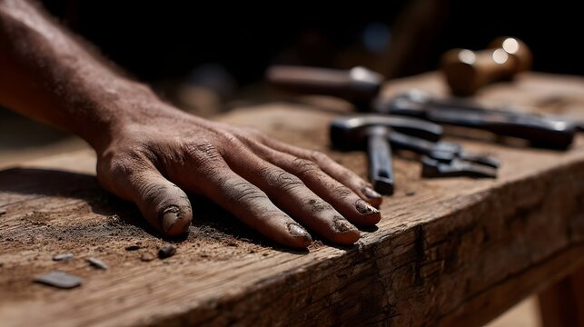Close-up view of the weathered, calloused hands of a skilled artisan or tradesman working on a project with various tools on a rustic wooden workbench in a workshop setting