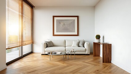 Modern living room with comfortable sofa and abstract art on wall