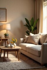 A warm, inviting living room scene featuring soft lighting, plush furniture, and cozy details Perfect for home, comfort, relaxation, and lifestyle themes , comfortable, home, happiness