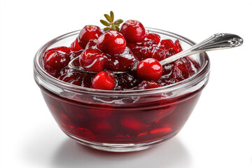 Glass bowl of cranberry sauce with spoon isolated on white background