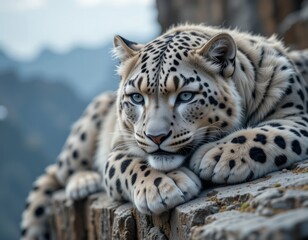 Fototapeta premium Majestic snow leopard with striking blue eyes rests peacefully on a rocky mountain perch.