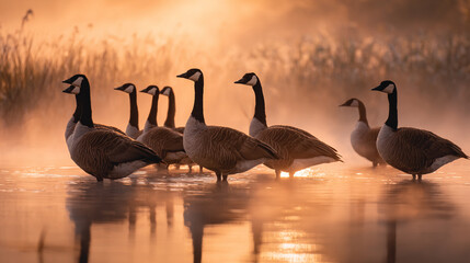 A group of canada geese standing in shallow water at sunrise with a misty background