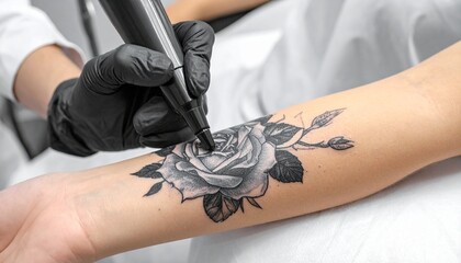 Tattoo artist inking realistic black-gray rose on forearm—white glove, active needle, and detailed shading evoke precision, transformation, and symbolic permanence in body art.