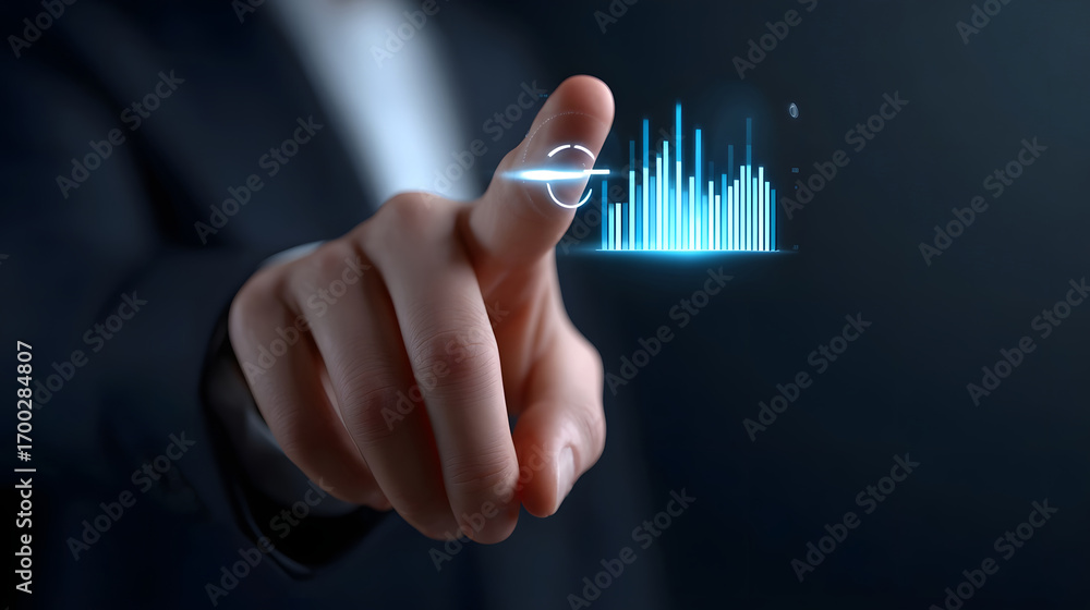 Poster a person's hand reaching out to interact with a holographic, data-driven display showing charts, gra