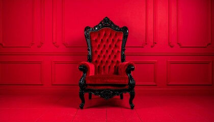 Ornate red velvet armchair with black carved frame against red paneled wall—monochrome luxury and dramatic contrast evoke opulence, authority, and symbolic elegance in interior design.
