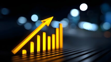 Upward trending finance chart with a yellow arrow pointing upwards, symbolizing growth, progress, and successful business performance.